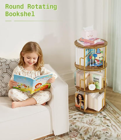 3 Tier Rotating Bookshelf Tower Round Gold, 37” Floor Standing Spinning - Image 7