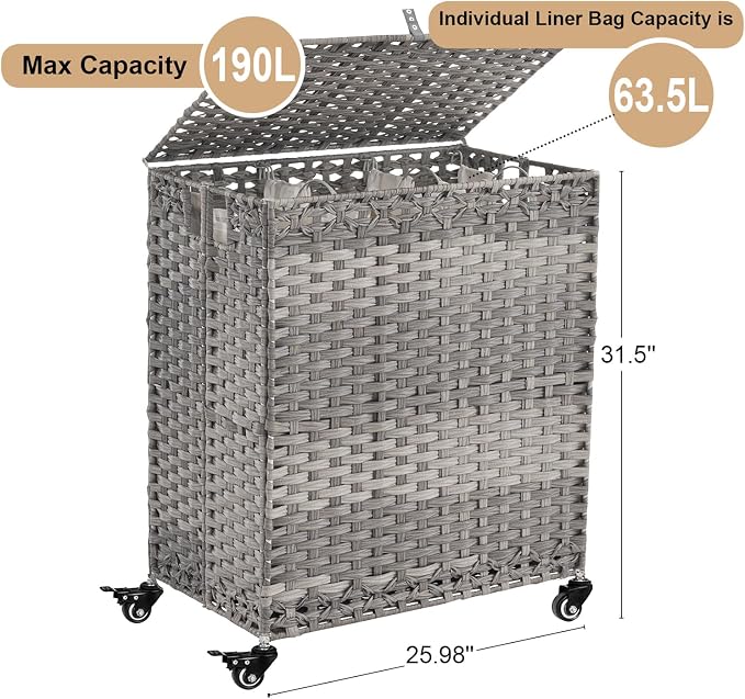 Laundry Hamper with Wheels&Lid, 50.2 Gallons Rolling Laundry Basket with Wheels - Image 4