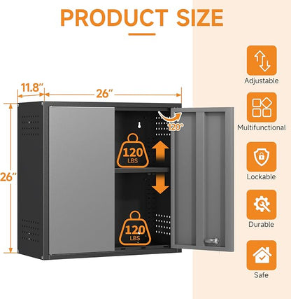 Metal Garage Wall Cabinet with 2 Doors and 1 Adjustable Shelf, Lockable - Image 2