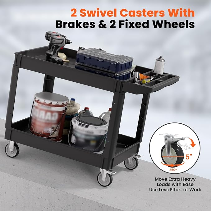 2 Tier Plastic Rolling Utility Cart on Wheels, Heavy Duty Tool Cart - Image 6