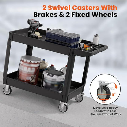 2 Tier Plastic Rolling Utility Cart on Wheels, Heavy Duty Tool Cart - Image 6