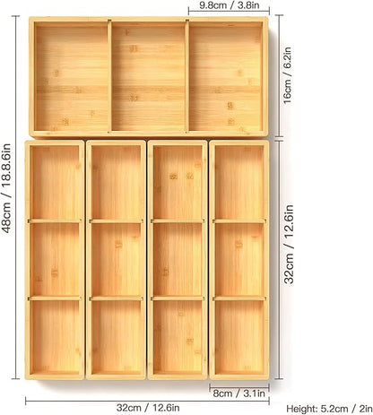 DUJEN 5 pieces Bamboo Drawer Organizer, Adjustable 3 Individual Junk Drawer - Image 2
