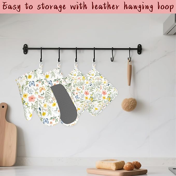 Wildflowers Oven Mitts and Pot Holders, Vintage Plants Herb Flower Butterfly - Image 5