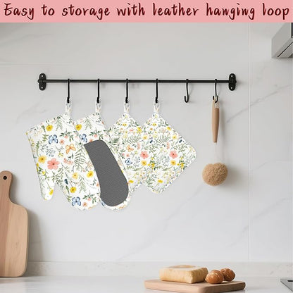 Wildflowers Oven Mitts and Pot Holders, Vintage Plants Herb Flower Butterfly - Image 5
