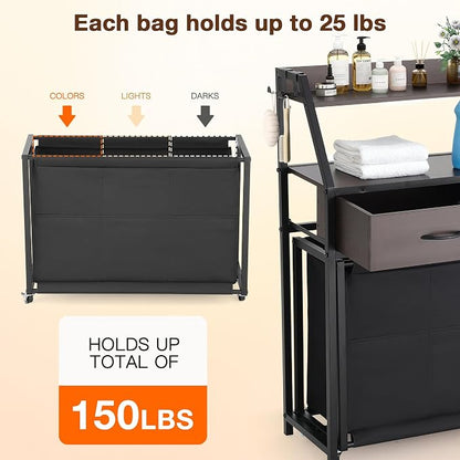 Laundry Hamper with Shelf, 2 Tier Rolling Laundry Hamper 3 section, Laundry - Image 2