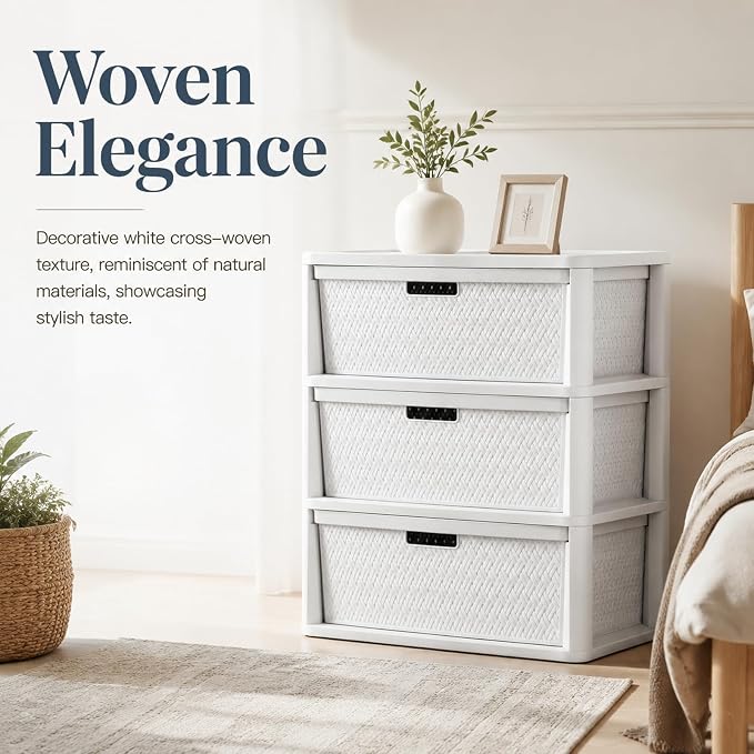 Plastic 3-Drawer Storage Tower, Decorative Cross-Weave Organizer - Image 7