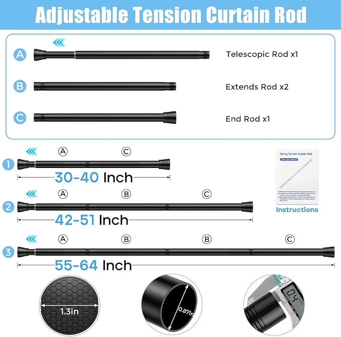 AIZESI 2Pack Shower Curtain Rod 30-64 Inch No Drilling Adjustable, No Slip - Image 2
