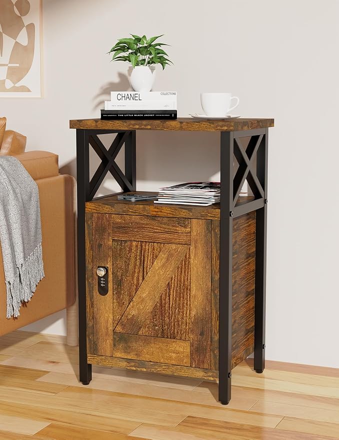 runjuly Wooden Nightstand with Lock Storage Cabinet, Rustic Brown | Locking - Image 4