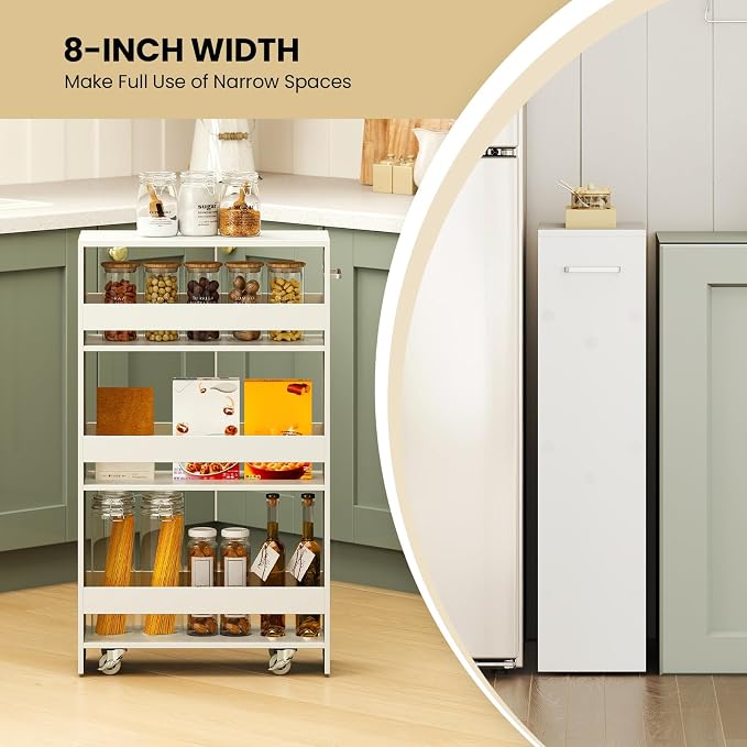 Small Kitchen Cart, 4-Tier Slim Rolling Island w/Handle, Laundry Room Storage - Image 5