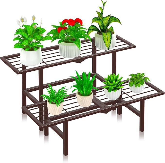 2 Tier Plant Stand Indoor Outdoor, Foldable Metal Separated Ladder Plant Stands by JSYONII
