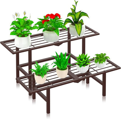 2 Tier Plant Stand Indoor Outdoor, Foldable Metal Separated Ladder Plant Stands by JSYONII