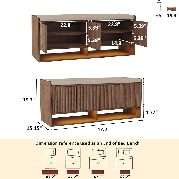 HOMEFORT 47.2" Fluted Shoe Storage Bench, Entryway Bench - Image 2