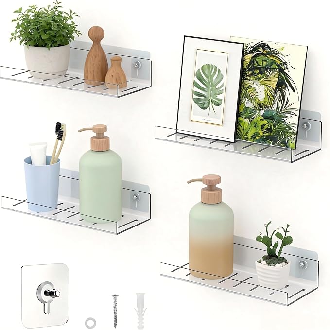 LAZYROSY 4 Pack Floating Shelves – Clear Acrylic/PET Wall-Mounted No Drill by Lazyrosy