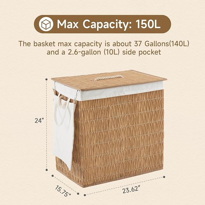 Laundry Hamper with Lid, 39.6 Gallon Large Laundry Basket 2 Removable Liner Bags - Image 4