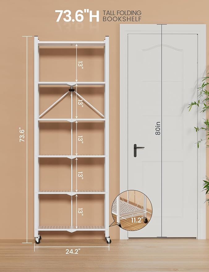 ALANNG 73.6 Inch Folding Bookshelf, 6 Tier Metal Bookcase and Bookshelves | - Image 3