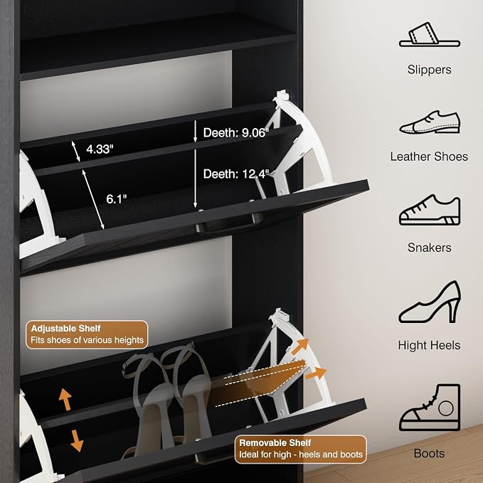 Shoe Storage Cabinet with 2 Flip Drawers, Narrow Slim Shoe Organizer - Image 3