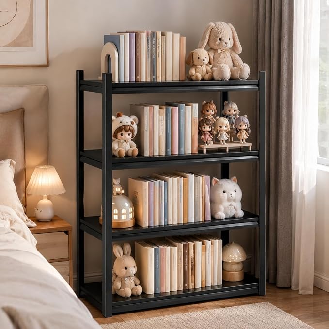 4 Tier Metal Bookshelf, Adjustable Tall Bookcase, Heavy Duty 2400 LBS Modern by BEESTMUEBLE
