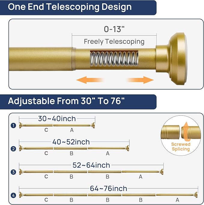 ENJOYBASICS 1" Gold Shower Curtain Rod, 30-76" Adjustable, Secure Tension | - Image 2
