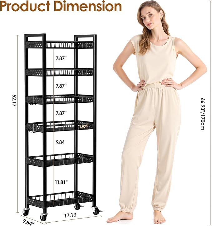 6 Tier Slim Storage Cart, Narrow Rolling Cart - Image 2