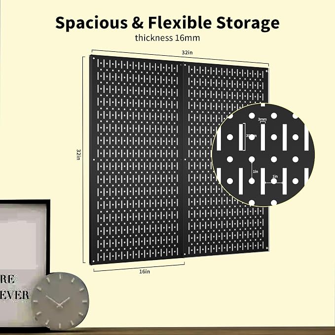 Pegboard Wall Organizer 2 PCS 32" x 16" Black Peg Board Metal Pegboard Panels - Image 3