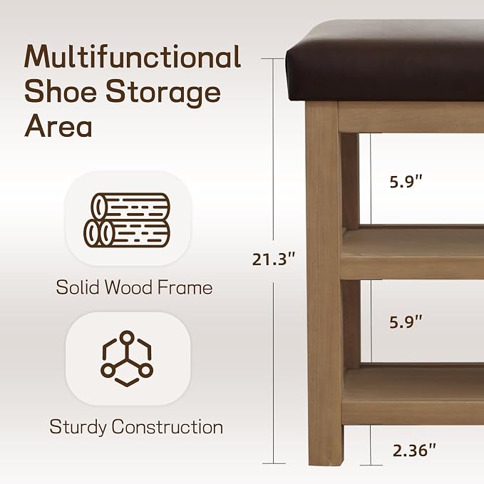 Zihanhome Shoe Rack Bench with Leather Cushion, 2 Tier Solid Wood Storage Bench - Image 6