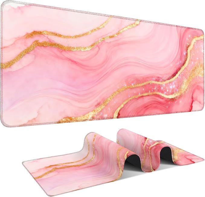 Pink and Gold Stripes Gaming Mouse Pad 31.5"x11.8"Desk Mat Anti-Slip Rubber by ANNAQUEEN