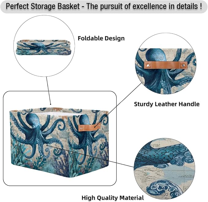 Pardick Octopus Sea Retro Basket Storage Bins Large Fabric Toys Storage Cube Box - Image 6