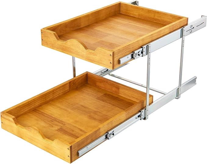 DINDON 2 Tier Pull Out Cabinet Organizer Double Tier Slide Out Wood Drawer by DINDON
