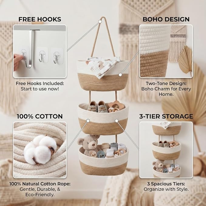 Hanging Basket, Woven 3 Tier Over Door Basket - Image 5