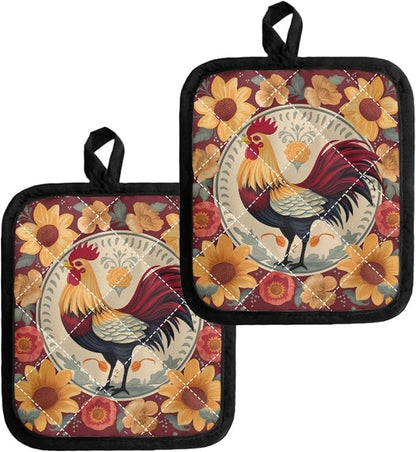 Cartoon Chicken Red Yellow Flowers 2 Pack Pocket Pot Holders Heat Resistant by Jndtueit