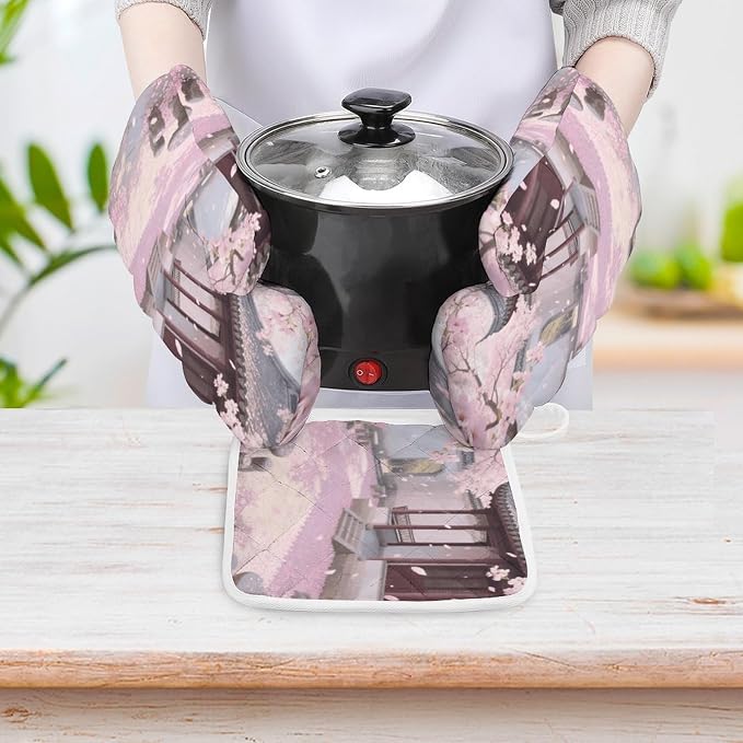 Cherry Blossom Garden Oven Mitts and Pot Holders 3pcs Set | Polyester Heat - Image 5