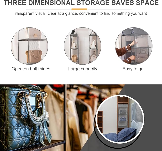 Grey Hanging Storage Organizer Bag Dustproof Mesh Compartments - Image 9