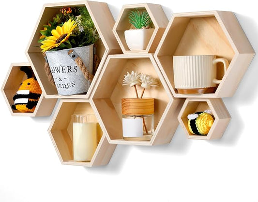DoubleFill Honeycomb Shelves for Wall Set of 7 Wooden Hexagon Floating Shelves by DoubleFill