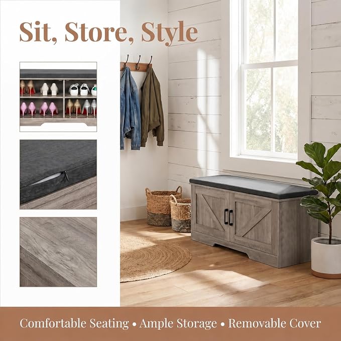 HOMSHO Farmhouse Shoe Storage Bench - Image 4