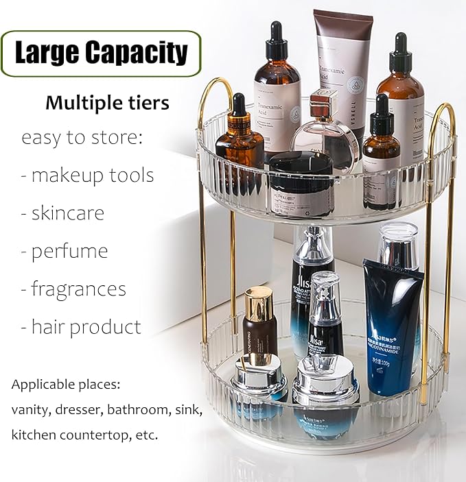 Rotating Makeup Organizer Countertop 2 Tier Lazy Susan Trays Clear Skincare - Image 3