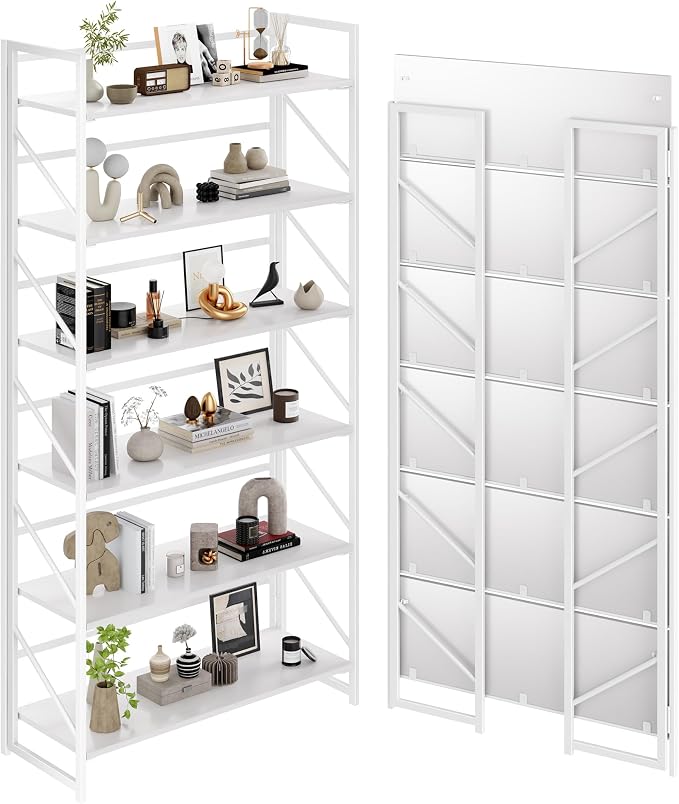 JSB 6 Tier No Assembly Folding Bookshelf, 30.7" Wide Foldable Storage Bookcase by HomeFurniture