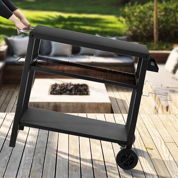 Grill Cart Table with Three Shelf, Movable Outdoor Dining Cart Pizza Oven Stand - Image 3