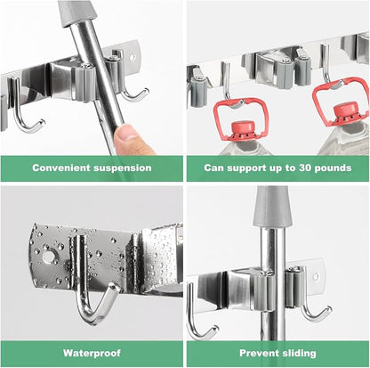 2 Pack Broom Holder Wall Mount 3 Racks 4 Hooks Stainless Steel Broom Mop Holder - Image 9
