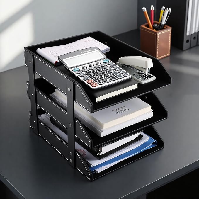KINGFOM Letter Tray, Leather Paper Organizer Tray, Wooden Desk File Holder - Image 8