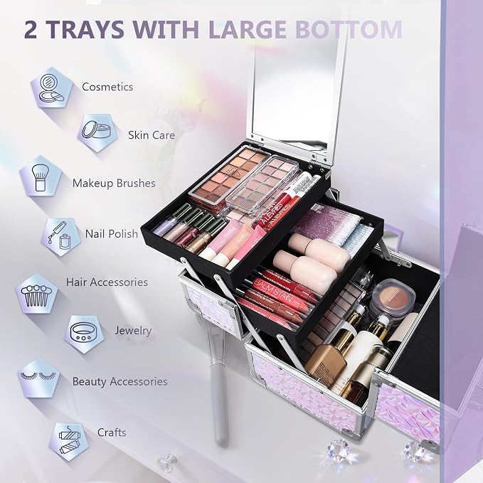 Joligrace Makeup Train Case Makeup Case Organizer Portable Cosmetic Box Storage - Image 3