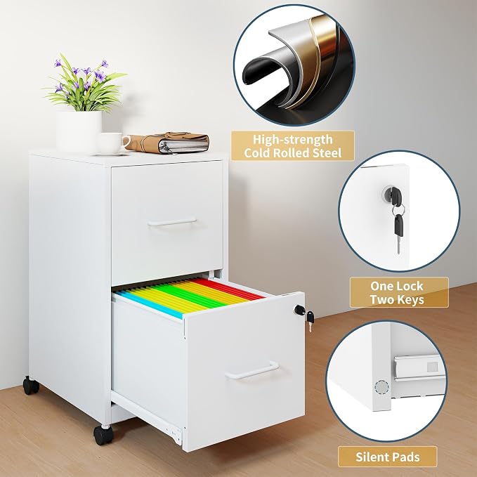 2 Drawer File Cabinet on Wheels, Mobile Filing Cabinets - Image 4