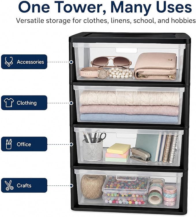 4 Drawer Storage Tower, Wide Plastic Floor Organizer - Image 6