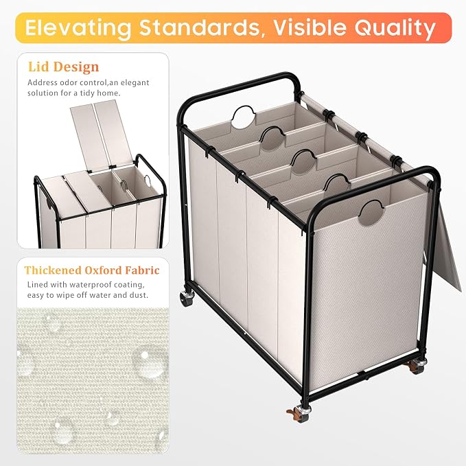 Laundry Sorter 4 Sections 48 Gal, Rolling Laundry Basket - Image 3