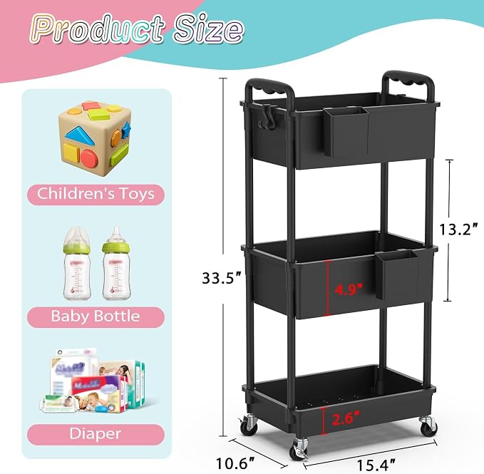 SUNALLY Baby Diaper Caddy Cart, 3 Tier Rolling Diaper Cart - Image 2