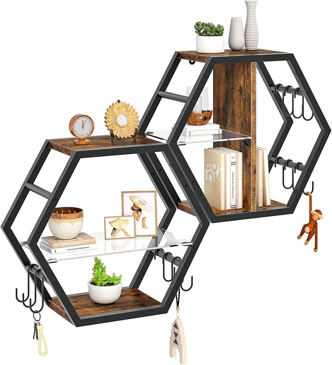 Hexagon Floating Shelves Set of 2, Glass Hanging Shelves - Image 9