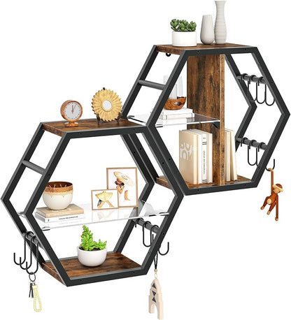 Hexagon Floating Shelves Set of 2, Glass Hanging Shelves - Image 9