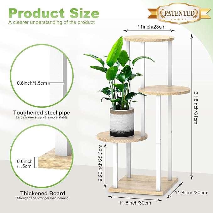4 Tier Wood Tall Plant Stand Metal Rack Indoor, Round Planter Shelf Display - Image 2