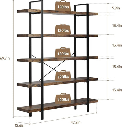 Bookshelf Set of 2, Heavy Duty 5-Tier Industrial Bookcase, 120lbs Shelf Capacity - Image 2
