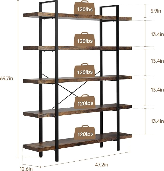 Heavy Duty 5-Tier Industrial Bookcase, 120lbs Shelf Capacity, Rustic Open - Image 2