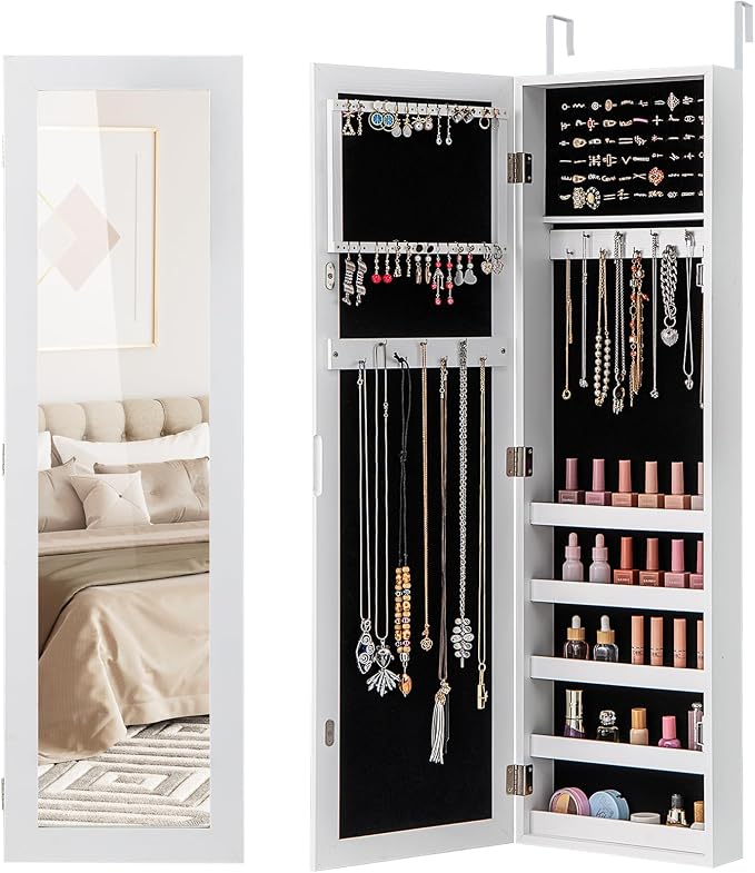 LOKO 42” Mirrored Jewelry Cabinet, Wall/Door Mounted Hanging Jewelry Armoire by LOKO